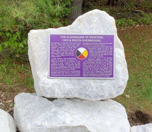 This plaque, adjacent to the Bolingbroke dam, tells a story about the Algonquins of Bedford, Oso and South Sherbrook